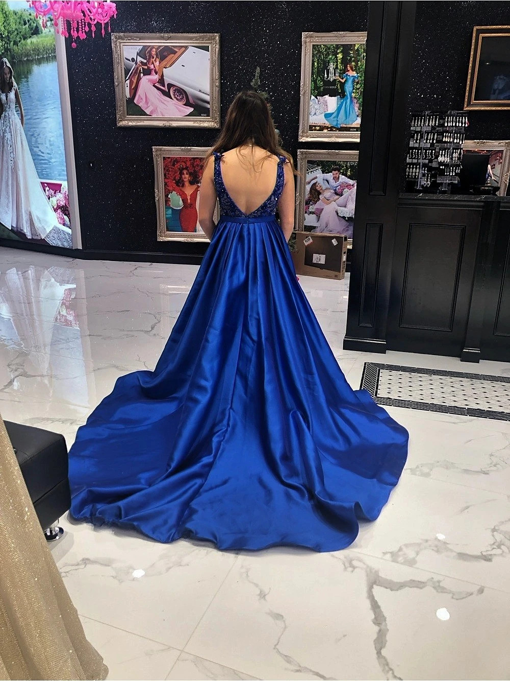 Jovani Blue Sequin Backless Prom Dress Size 6 Like New